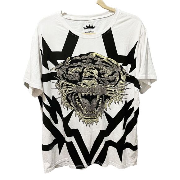 Heads or Tails Mens Tiger Head T Shirt Short Sleeve Tee White 3XL Rhinestone - Picture 1 of 7